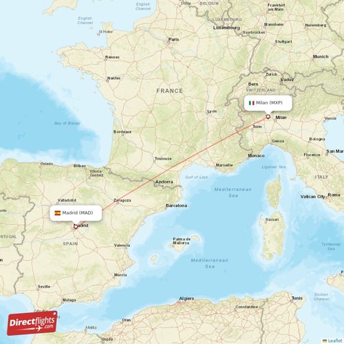 Madrid - Milan direct flight map