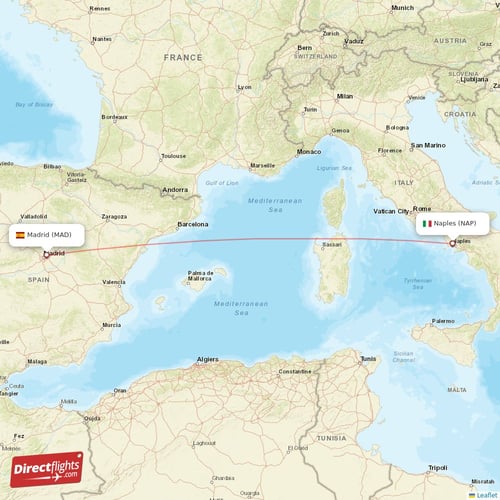 Madrid - Naples direct flight map