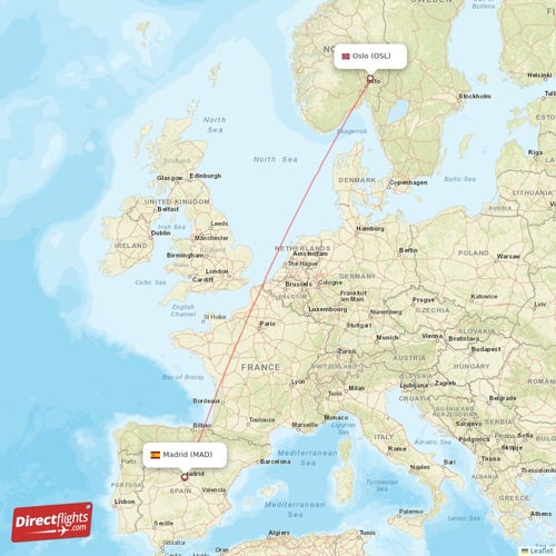 Madrid - Oslo direct flight map