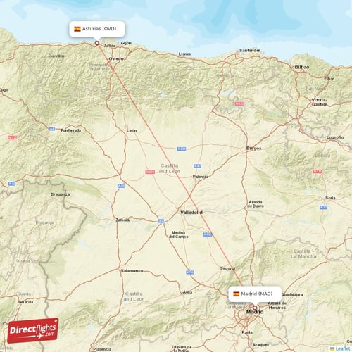 Madrid - Asturias direct flight map