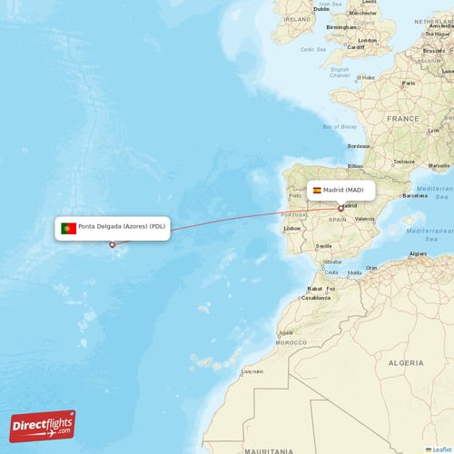 Madrid - Ponta Delgada (Azores) direct flight map