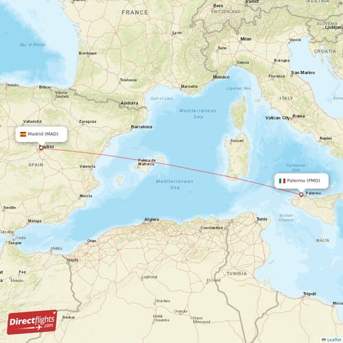 Madrid - Palermo direct flight map
