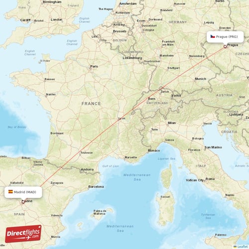 Madrid - Prague direct flight map