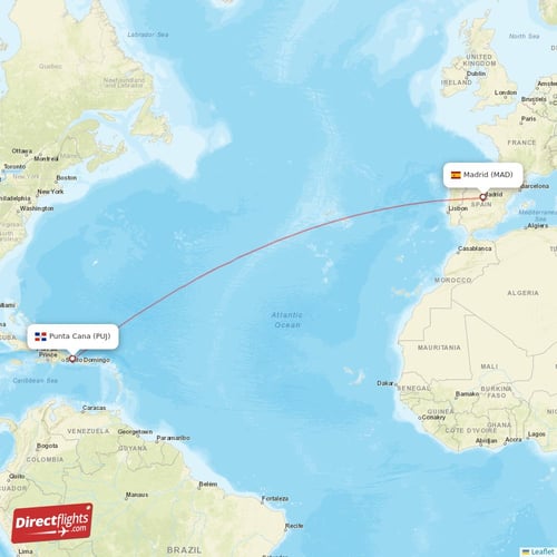 Madrid - Punta Cana direct flight map