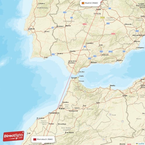 Madrid - Marrakech direct flight map