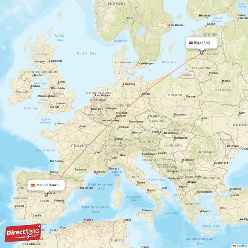 Madrid - Riga direct flight map