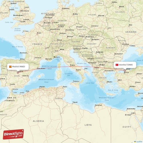 Madrid - Istanbul direct flight map