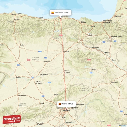 Madrid - Santander direct flight map