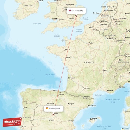 Madrid - London direct flight map