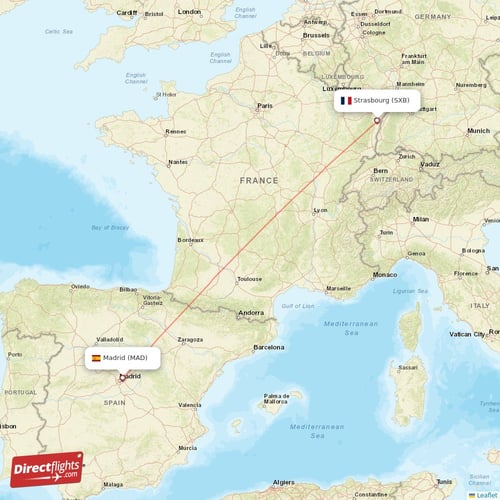 Madrid - Strasbourg direct flight map