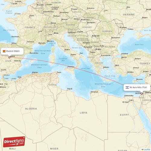 Madrid - Tel Aviv-Yafo direct flight map