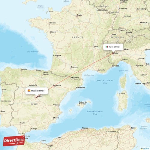 Madrid - Turin direct flight map