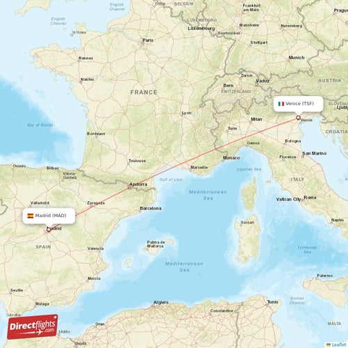 Madrid - Venice direct flight map