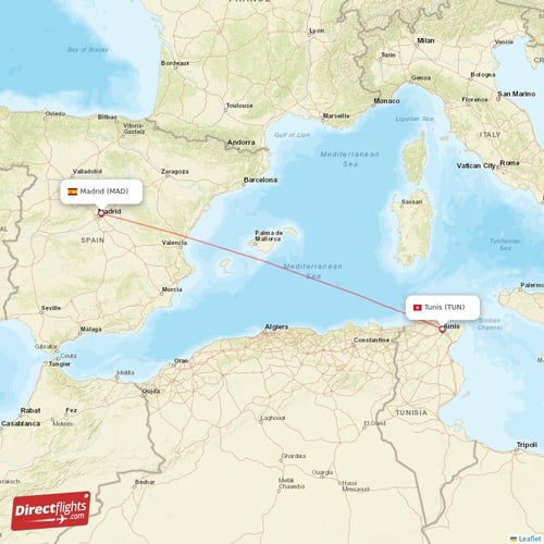 Madrid - Tunis direct flight map