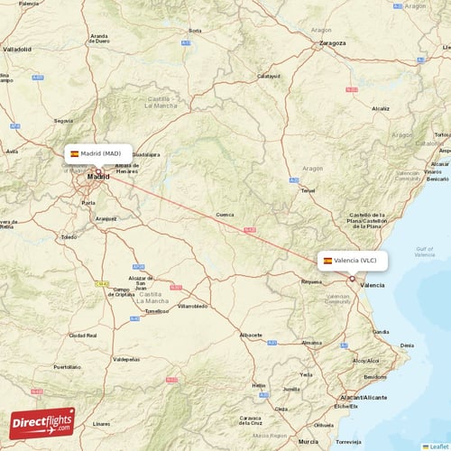 Madrid - Valencia direct flight map