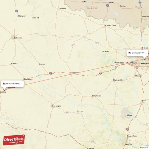 Midland - Dallas direct flight map