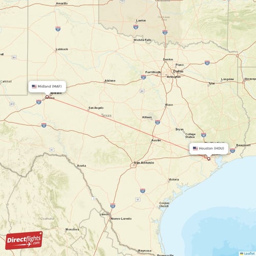 Midland - Houston direct flight map
