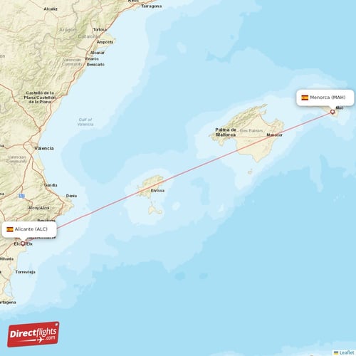 Menorca - Alicante direct flight map