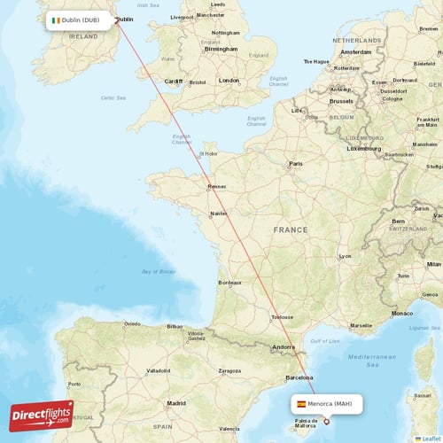 Menorca - Dublin direct flight map