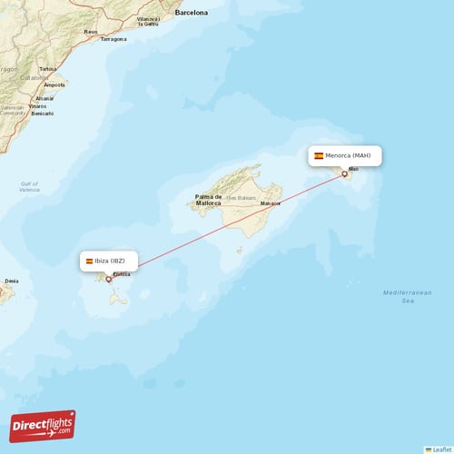 Menorca - Ibiza direct flight map