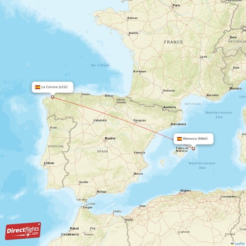 Menorca - La Coruna direct flight map