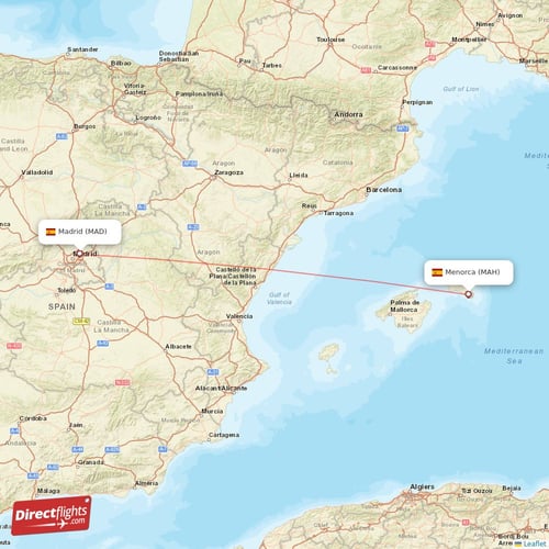 Menorca - Madrid direct flight map