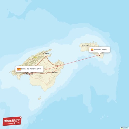 Menorca - Palma de Mallorca direct flight map