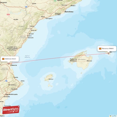 Menorca - Valencia direct flight map