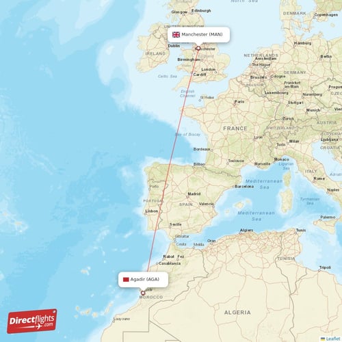 Manchester - Agadir direct flight map