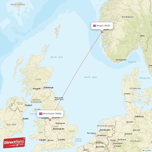 Manchester - Bergen direct flight map