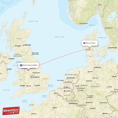 Manchester - Billund direct flight map