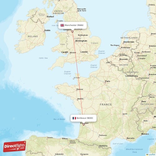 Manchester - Bordeaux direct flight map