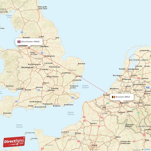 Manchester - Brussels direct flight map