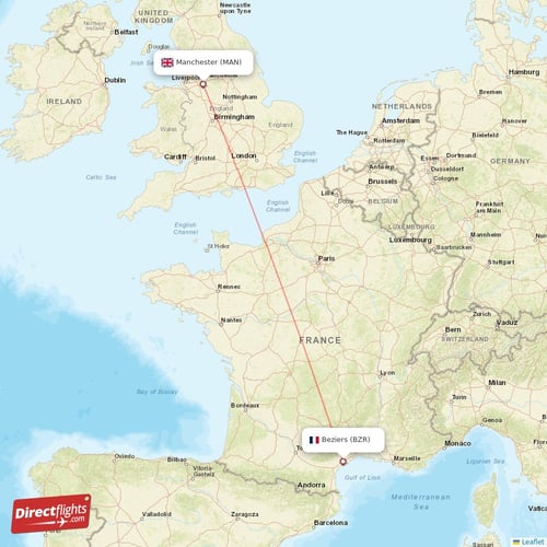 Manchester - Beziers direct flight map