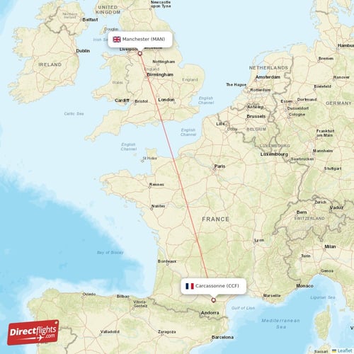 Manchester - Carcassonne direct flight map