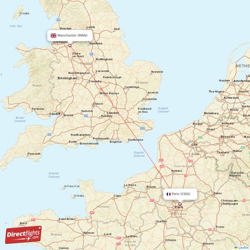 Manchester - Paris direct flight map