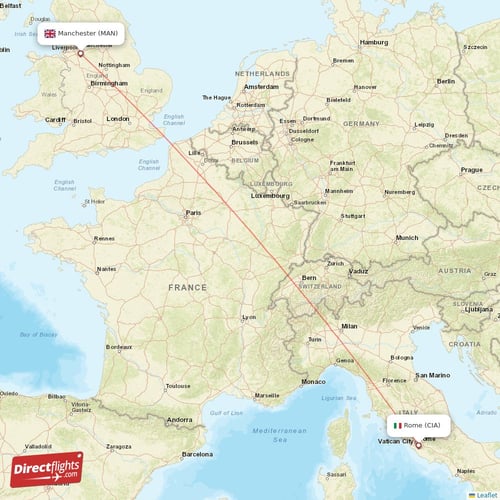 Manchester - Rome direct flight map