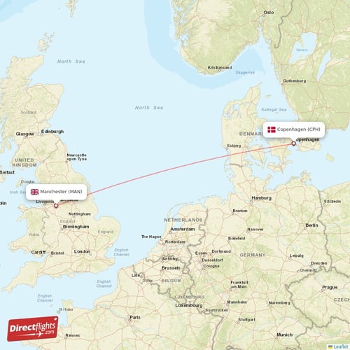 Manchester - Copenhagen direct flight map