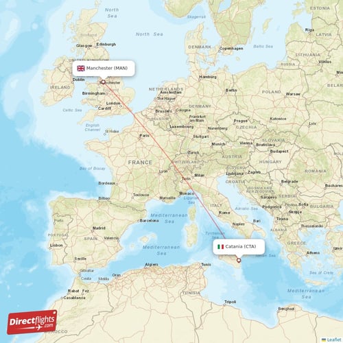 Manchester - Catania direct flight map