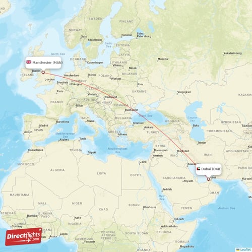 Manchester - Dubai direct flight map