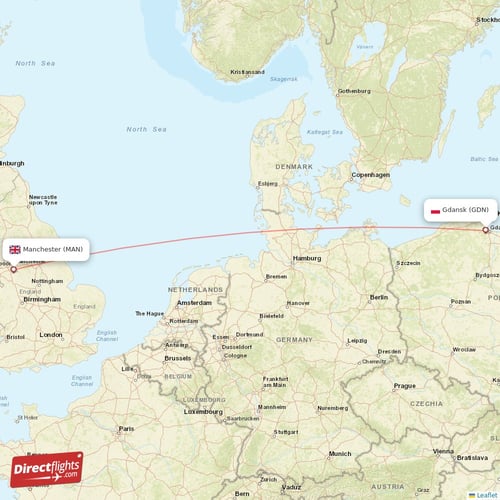 Manchester - Gdansk direct flight map