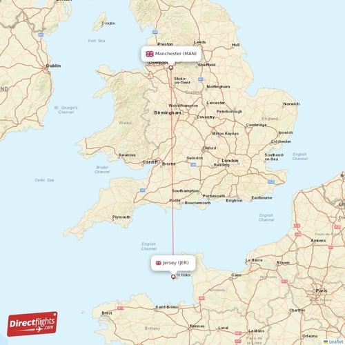 Manchester - Jersey direct flight map