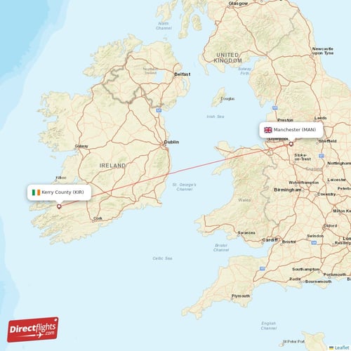 Manchester - Kerry County direct flight map