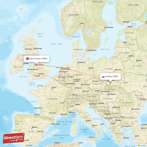 Manchester - Krakow direct flight map