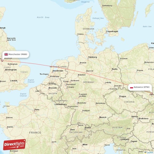 Manchester - Katowice direct flight map