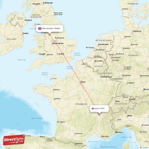 Manchester - Lyon direct flight map