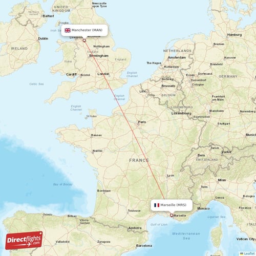 Manchester - Marseille direct flight map