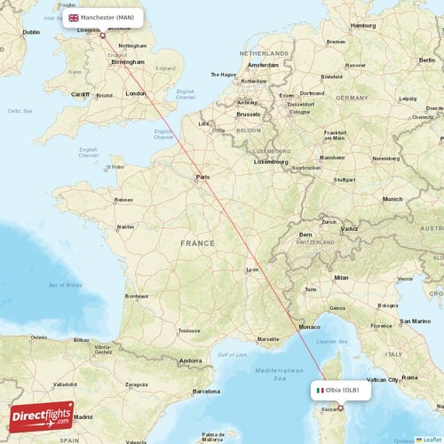 Manchester - Olbia direct flight map