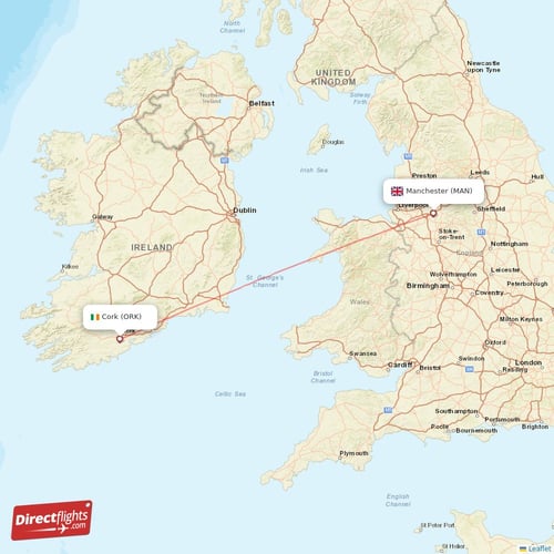 Manchester - Cork direct flight map
