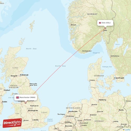 Manchester - Oslo direct flight map